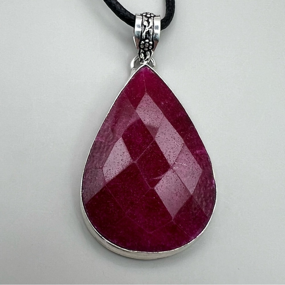 New Faceted Enhanced Ruby Stone Silver Overlay Pendant with Cord